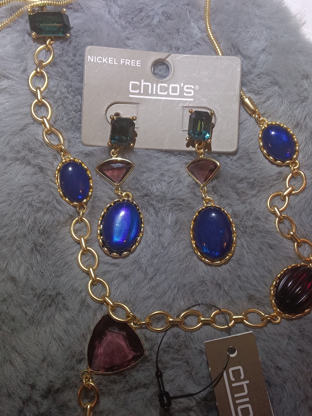 Chico's Gold-Tone Necklace And Earrings with Blue, Green, Pink & Burgundy Gems - Picture 2 of 8